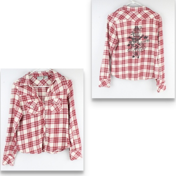 Periscope Tops - Periscope Button Down Red Plaid Shirt Top